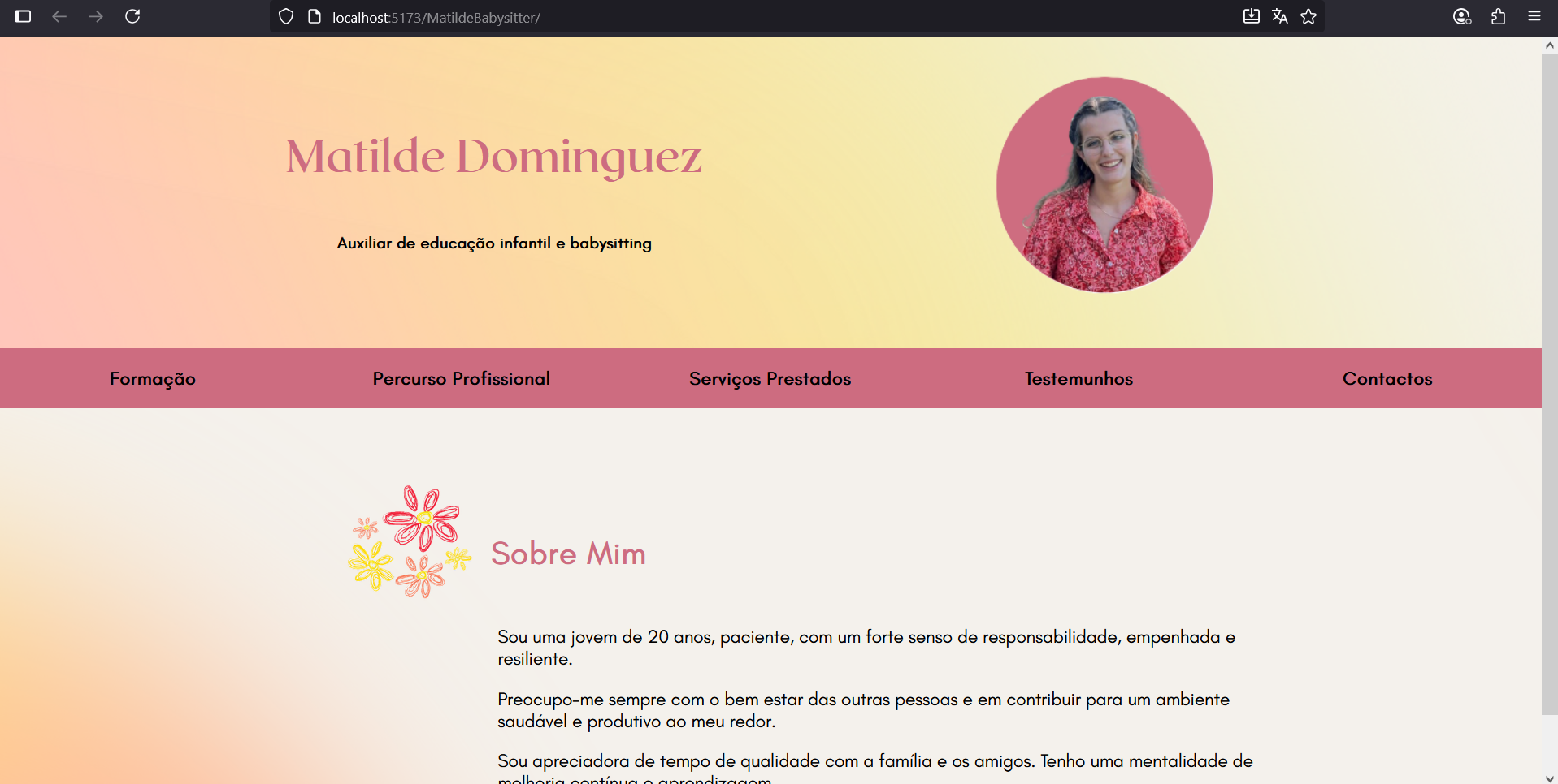 Imagem da página inicial do site da Matilde Dominguez - Auxiliar de educação infantil e babysitting